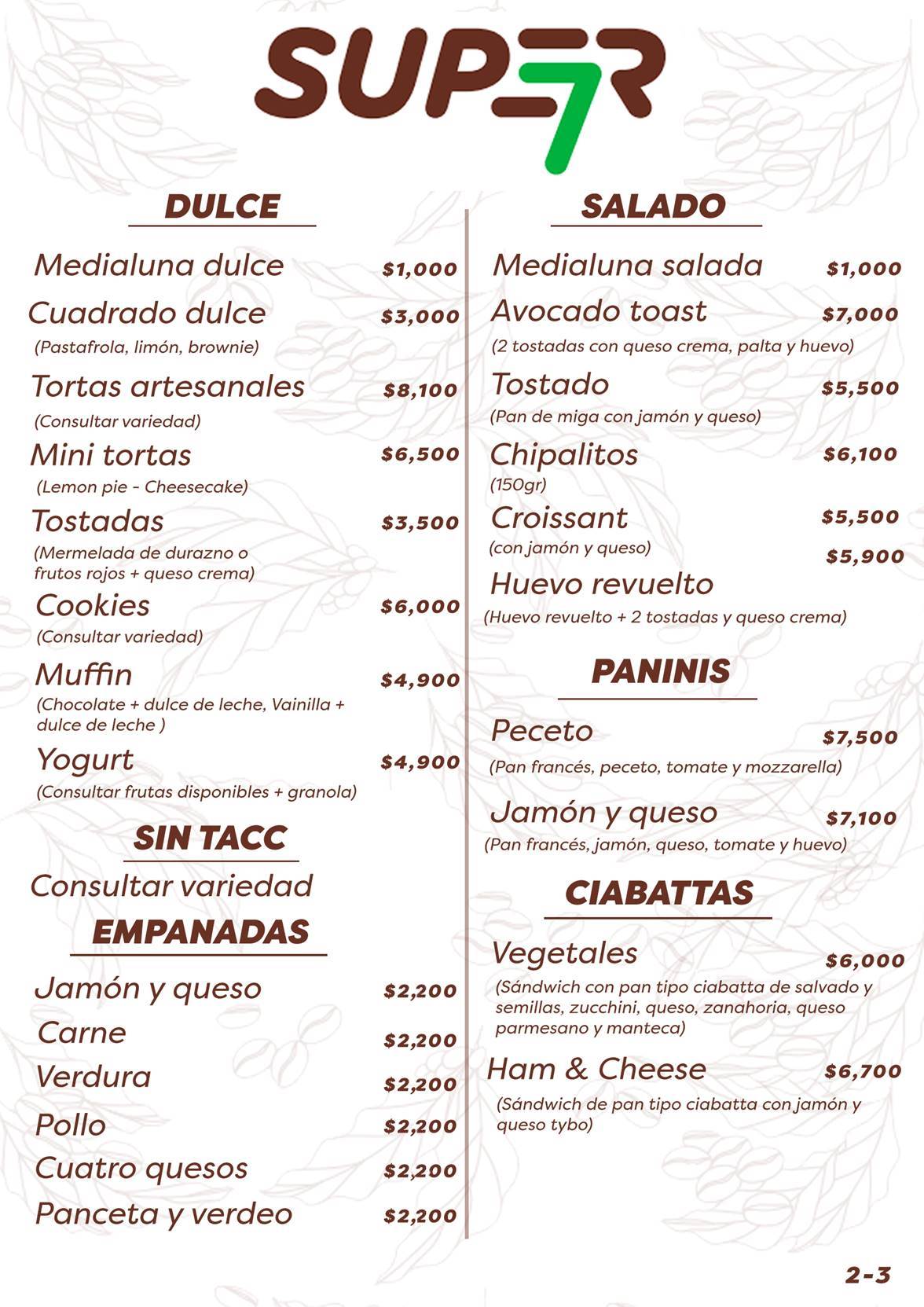 super7café, menú hoja 2